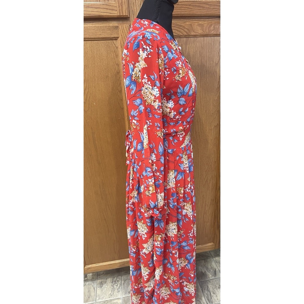 Red Floral Maxi Long Dress Medium Tie Back Classy Flowing - Picture 8 of 11